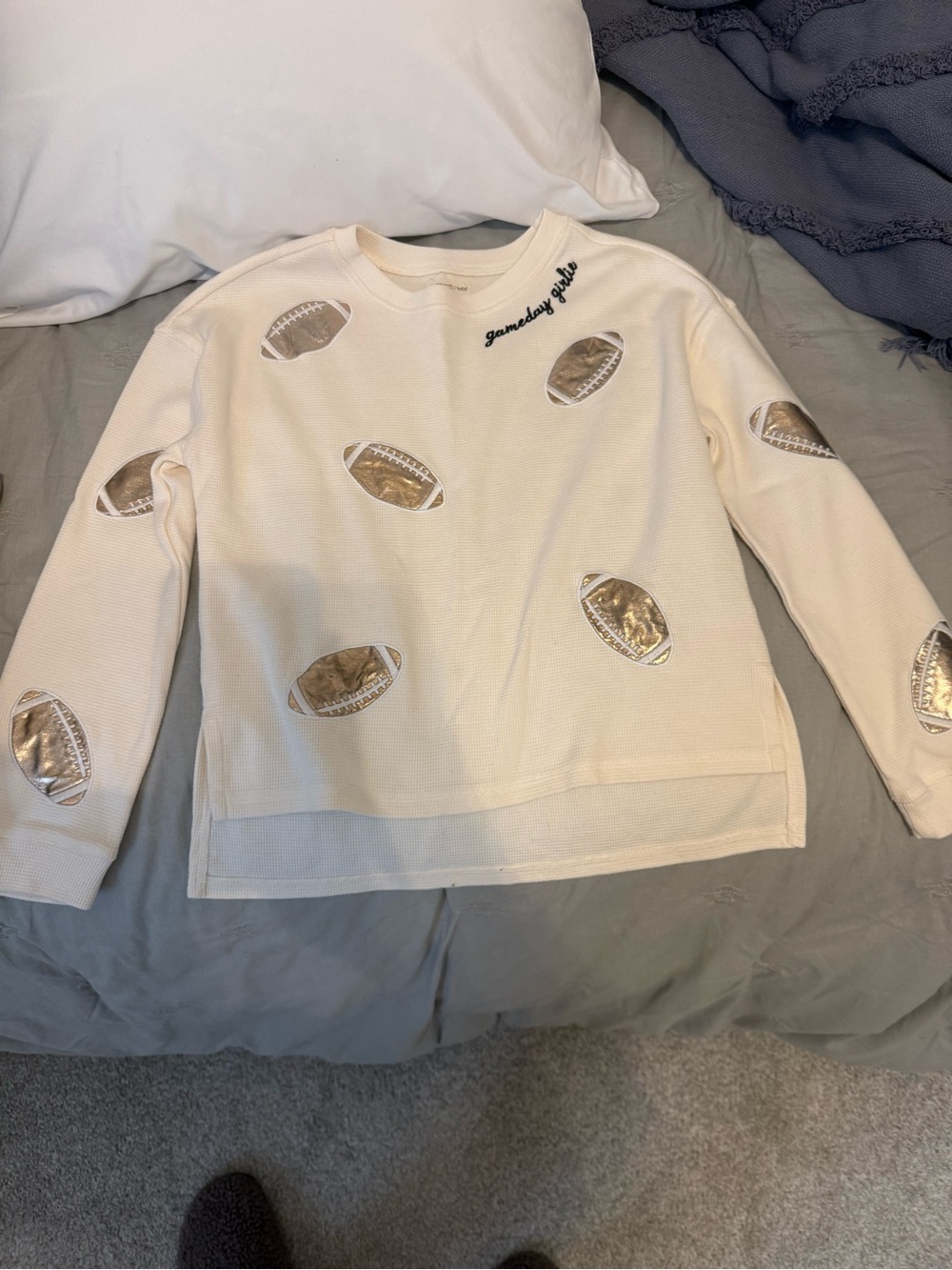 Paper Flower Cream Football Appliqué Long-Sleeve Top